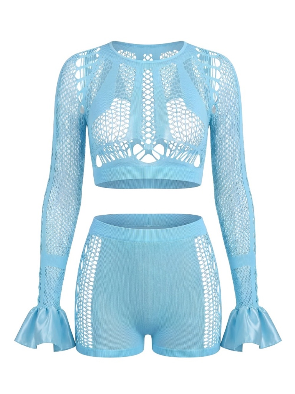 Sky Blue Bell Sleeve Fishnet Ruffle 2 Piece Set - GrlFriday Shop